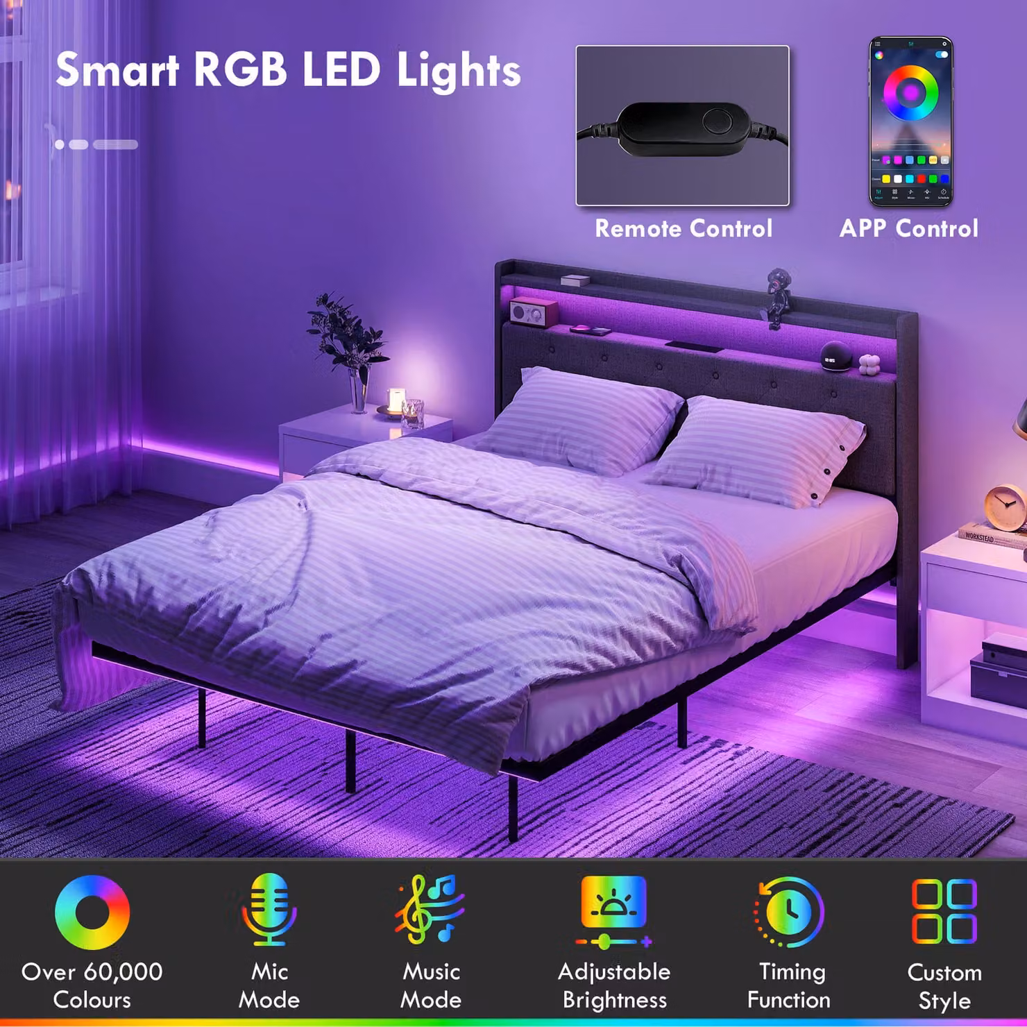 HOMCOM Upholstered Floating Double Bed Frame in Grey with RGB LED Lights, USB Charging Port and Side Compartments, W/D/H: 140 x 200 cm – 5