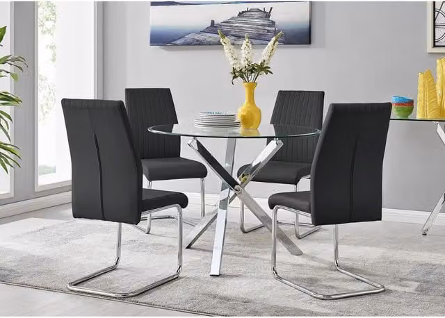 FurnitureboxUK Selina Chrome Round Glass Dining Table and Four Lorenzo Chairs Set in Black