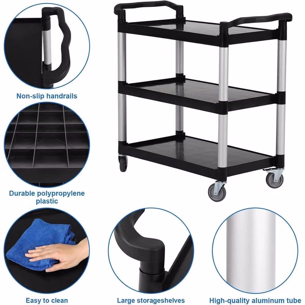 VOGREX 3 Tier Heavy Duty Utility Trolley with 360 Swivel Wheels in Black – 3