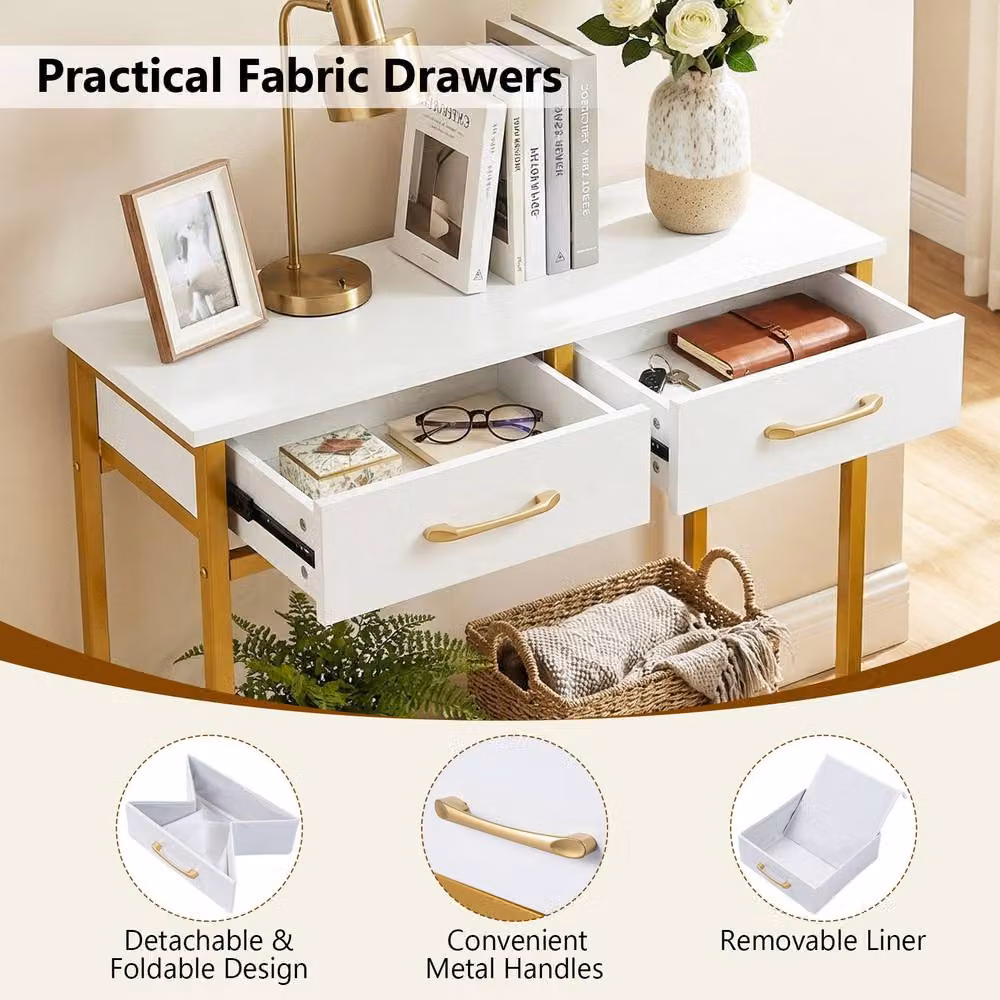 Gymax Narrow White Console Table with 2 Fabric Drawers and Industrial Wood Design – 6