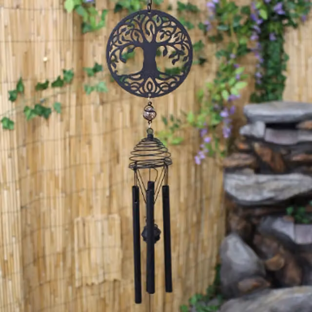Betley Butterfly Silhouette Tree of Life Metal Wind Chime with Butterflies and Leaves in Black