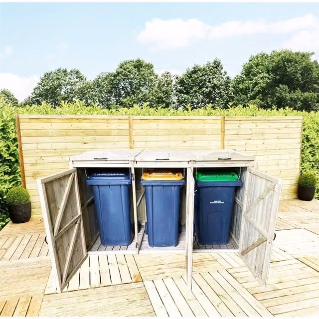 Marlborough Deluxe Pressure Treated Wood Wheelie Bin Store for 3 x 240L Bins in Beige, W/D/H: 120.0 x 80.4 x 215.0 cm