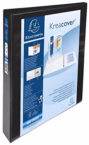 Exacompta Opaque Rigid Plastic A4 Ring Binder with 4 Rings and 2 Pockets, Black