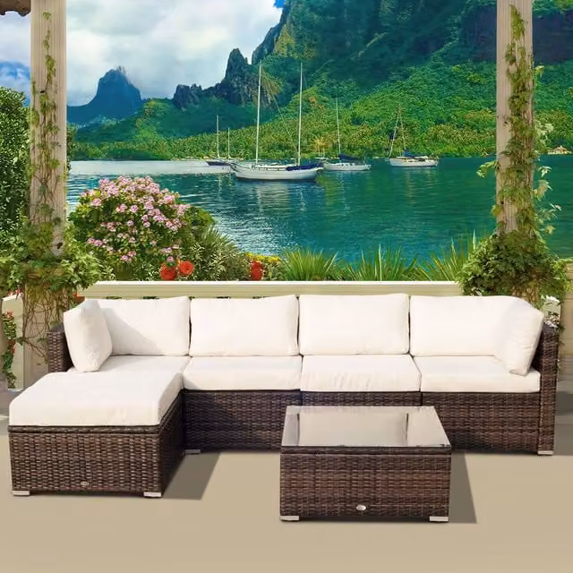 Outsunny Modern Rattan Garden Patio Furniture Set in Brown and White with Glass Table