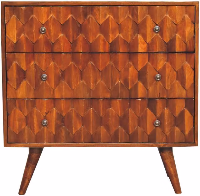 KDMK Retro Style Mango Wood Carved Chest of 3 Drawers with Floral Design in Brown