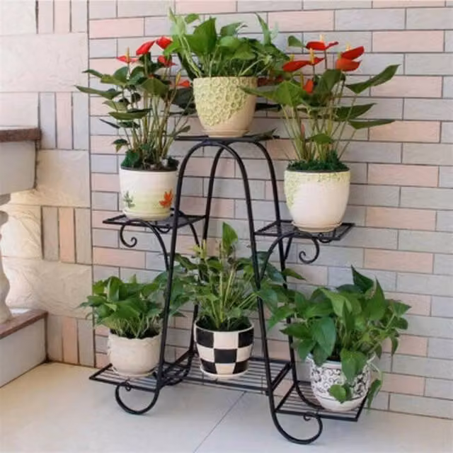 NESTLUNE 6 Pot Metal Plant Stand Flower Holder Rack in Matt Black, W/D/H: 100 x 15 x 15 cm – 1