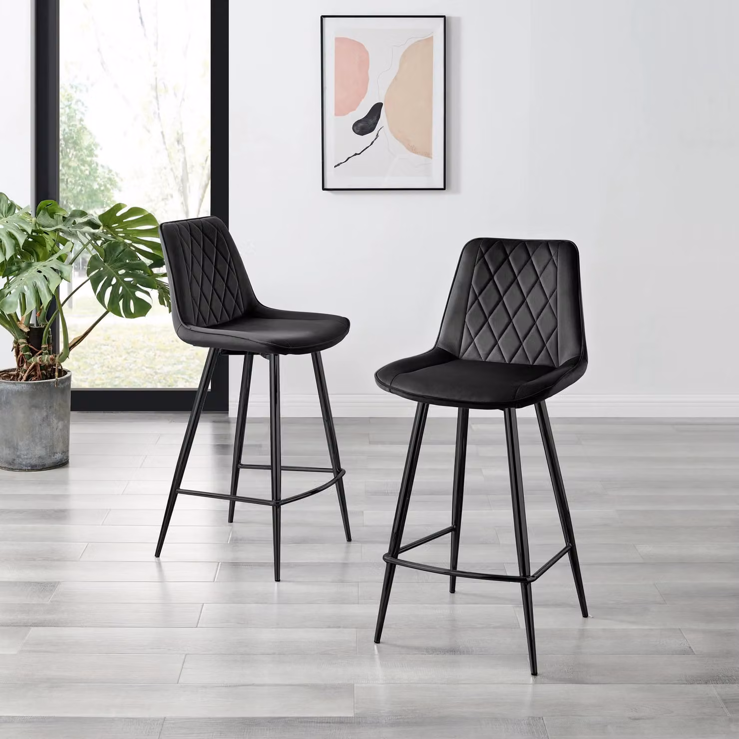 FurnitureboxUK Pesaro Set of 2 Modern Velvet Counter Stools in Black with Metal Legs – 2