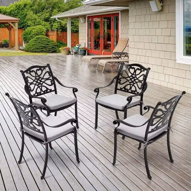 Livingandhome Set of 4 Black Metal Outdoor Cutout Garden Chairs with Cushions