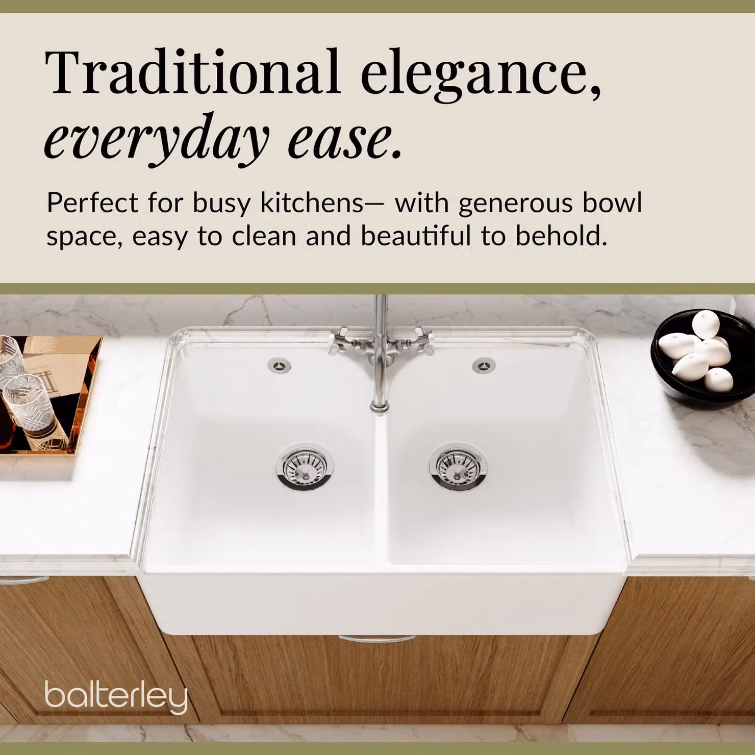 Balterley White Ceramic 2 Bowl Fireclay Belfast Sink with Tap Hole, Waste and Mono Mixer Tap – 3