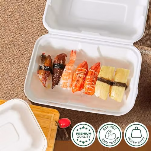 ECONX 50pcs White Disposable Bagasse Clamshell Takeaway Food Boxes with Lids, 1 Compartment, 22.86 x 15.24 x 7.7 cm – 3