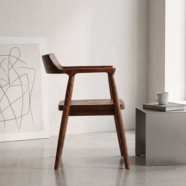 Elm Home And Garden Mid Century Mango Wood Dining Chair with Armrests in Brown