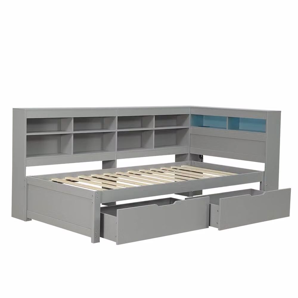 STILVORA Single Bed Frame with Storage Drawers, USB Charging Port, Under-Bed Lighting and Bedside Shelf, Grey, W/D/H: 90 x 190 cm – 3