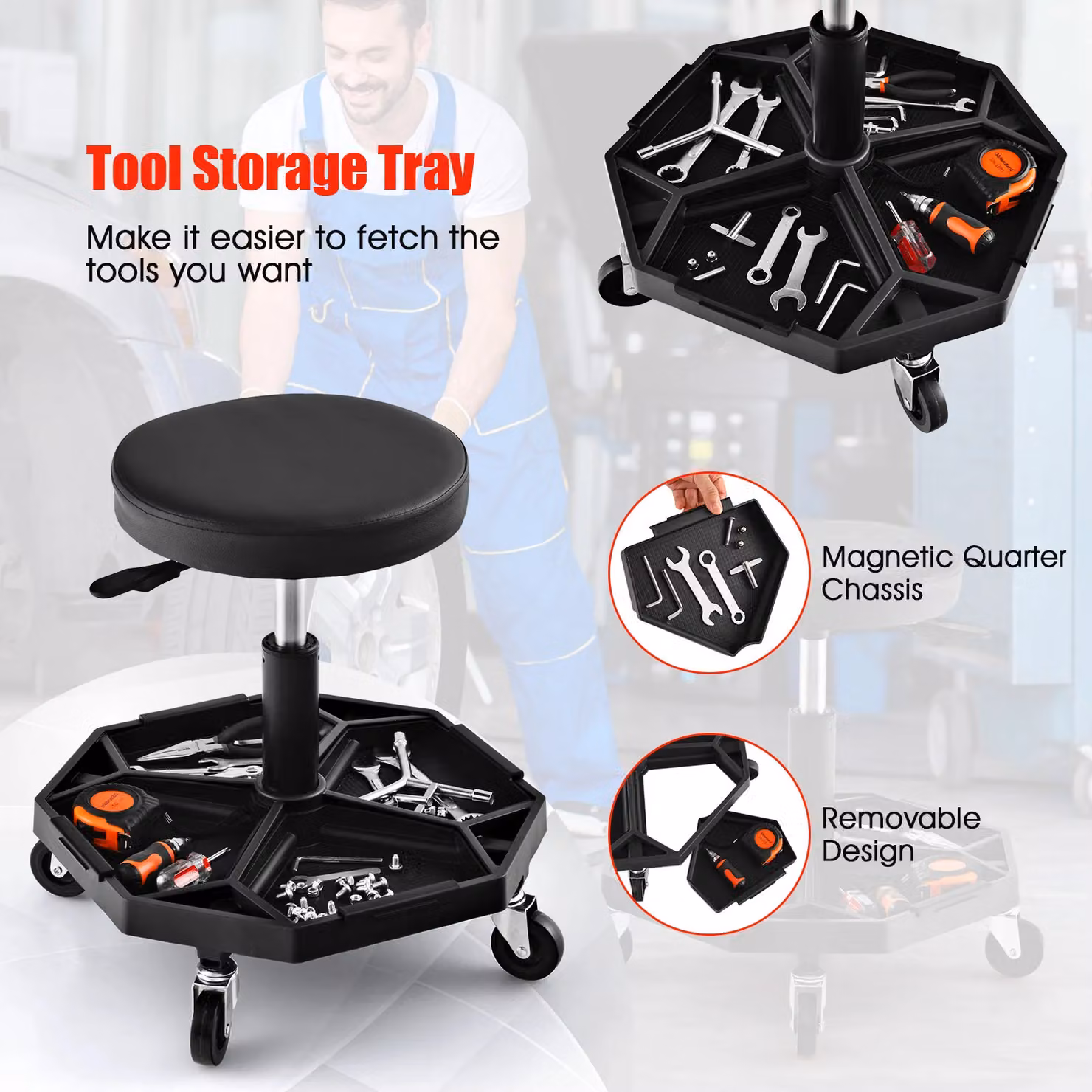 Gymax Black Pneumatic Rolling Garage Stool with Padded Seat and Tool Tray, 150 kg Capacity – 2