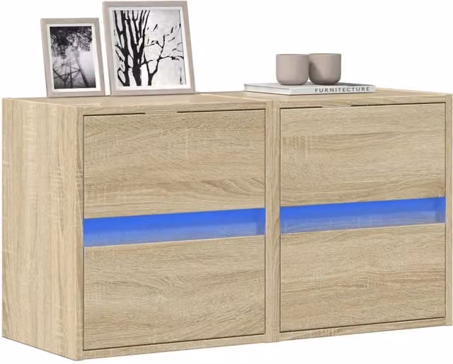 Berkfield Home Set of 2 Wall Mounted TV Cabinets with LED Lighting in Sonoma Oak Brown, W/D/H: 41 x 31 x 45 cm