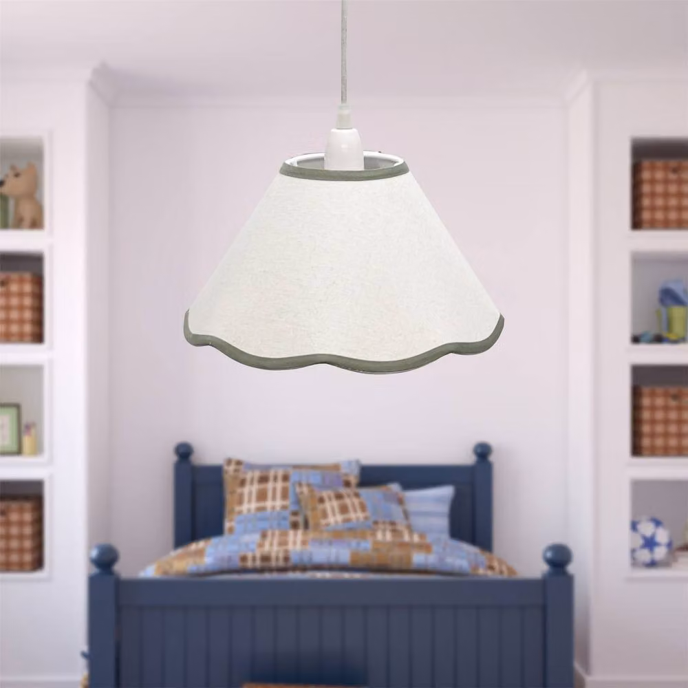 First Choice Lighting Libby Set of 2 Pendant Lamp Shades in White Fabric with Sage Green Trim, Diameter: 27 cm – 2