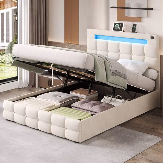 Merax Double Velvet Upholstered Ottoman Bed with LED Lighting and USB Charging Station, Beige, W: 135 cm x D: 190 cm