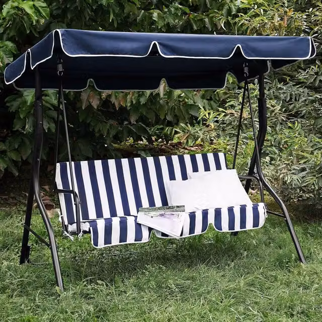 Wyld and Coco 3-Seater Patio Swing Chair with UV-Resistant Sun Canopy, Blue Striped, Powder Coated Steel Frame, W/D/H: 174 x 147 x 118 cm – 1