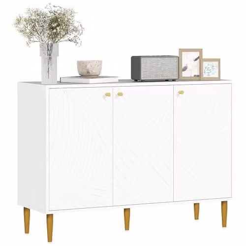 HOMCOM Modern Geometric Sideboard Storage Cabinet in White and Gold – 1