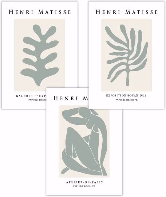 ARTZE Set of 3 Matisse Floral and Nude Boho Art Posters in Green and Beige, W: 42 cm, H: 59 cm