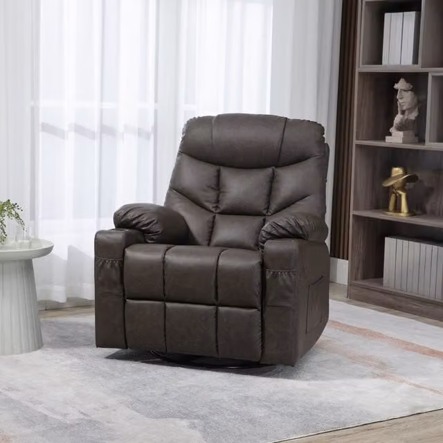 HOMCOM Brown Synthetic Leather Manual Recliner Chair with Footrest and Swivel Base