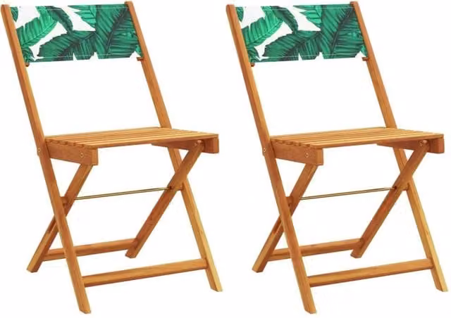Berkfield Home Bistro Chairs Set of 2, Tan Acacia Wood and Fabric with Floral Leaf Pattern – 1