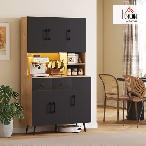 HOMCOM Modern Tall Kitchen Cupboard with RGB LED Lights, Black and Oak, H 176 x W 100 x D 40 cm – 2