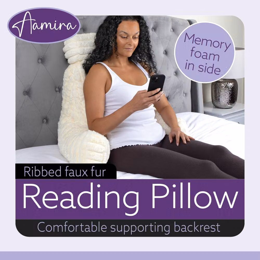 Aamira Beige Faux Fur Ribbed Memory Foam Wedge Reading Pillow for Back and Neck Support W/D/H: 66 x 50 x 50 cm – 2