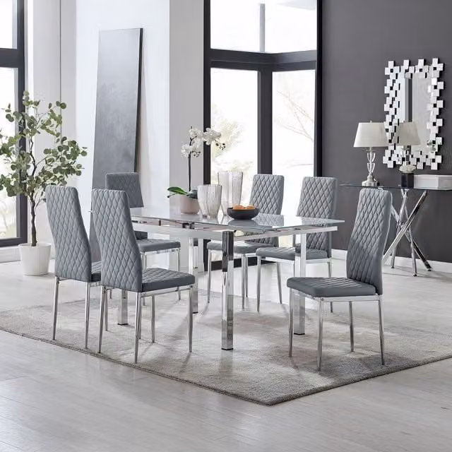 FurnitureboxUK Enna White Glass Extending Modern Kitchen Dining Table and 6 Milan Chairs in Grey
