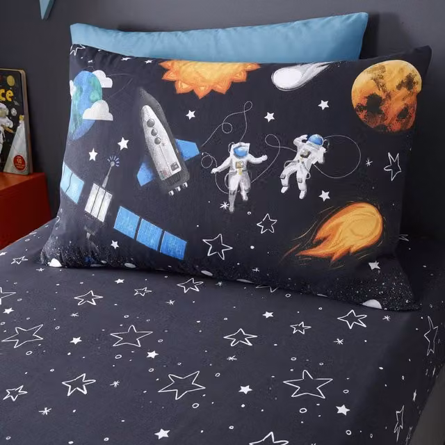 Happy Linen Company Kids Planets Space Rockets Glow In The Dark Navy Blue Pair of Standard Pillowcases