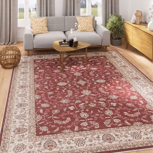 The Rug House Red Gold Floral Washable Modern Rectangular Area Rug, Width: 80 cm
