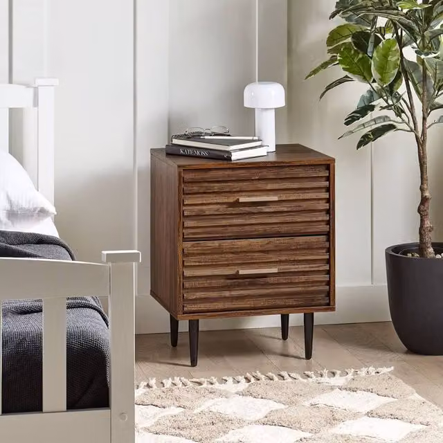 Wyld and Coco Living Mid-Century Two Drawer Bedside Table in Dark Brown Wood and Metal
