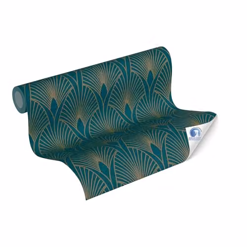 A.S. Création Art Deco Non-Woven Wallpaper in Blue, Green and Gold with Geometric Abstract Design, W/H: 0.53 x 10.05 m