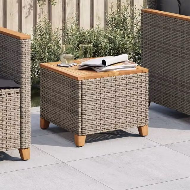 Berkfield Home Grey Poly Rattan and Acacia Wood Garden Table, W/D/H: 45 x 45 x 37 cm