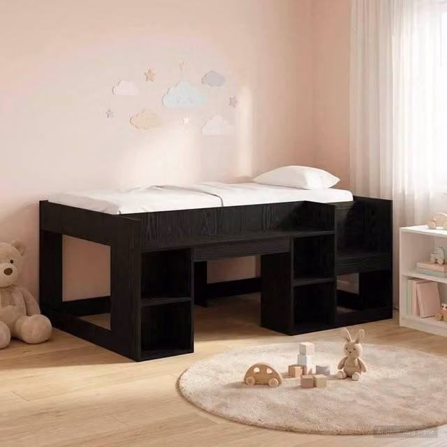 Berkfield Home Kids Bed Frame with Side Compartments in Black Oak, W/D/H: 160 x 80 x 1 cm