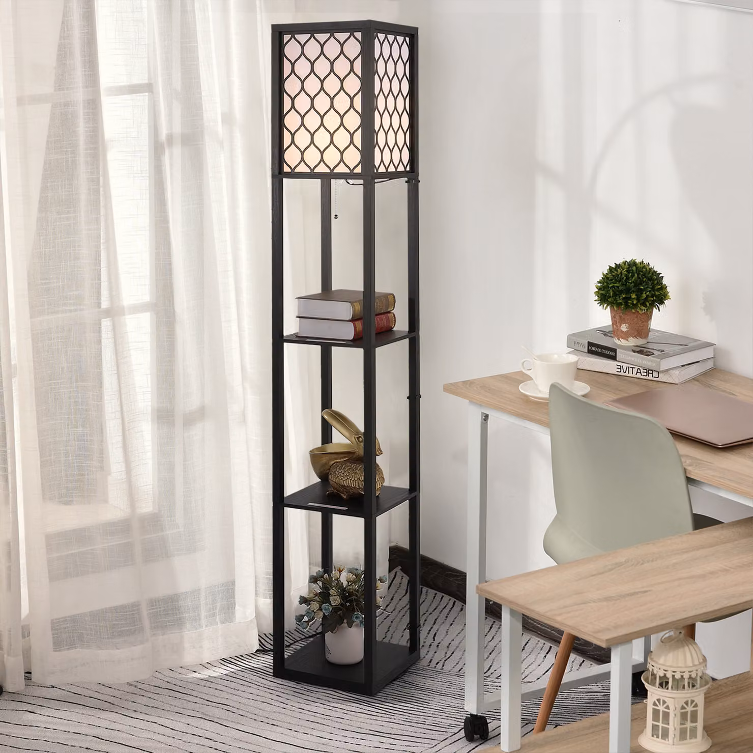HOMCOM Modern Black Floor Lamp with 4-Tier Open Storage Shelves, H 160 x W 26 x D 26 cm – 7