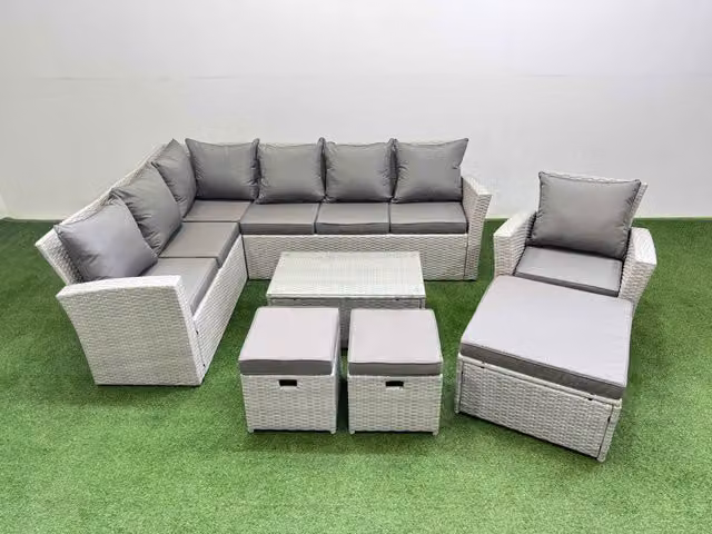 Fimous 10 Seater L-Shape Garden Furniture Set in Light Grey with PE Rattan, Powder Coated Steel Frame, and Upholstered Cushions