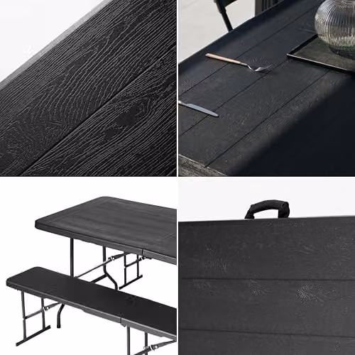 NOVECRAFTO 6ft Folding Table and Bench Seat Set with Black Wood Grain Plastic Surfaces and Steel Frames – 6