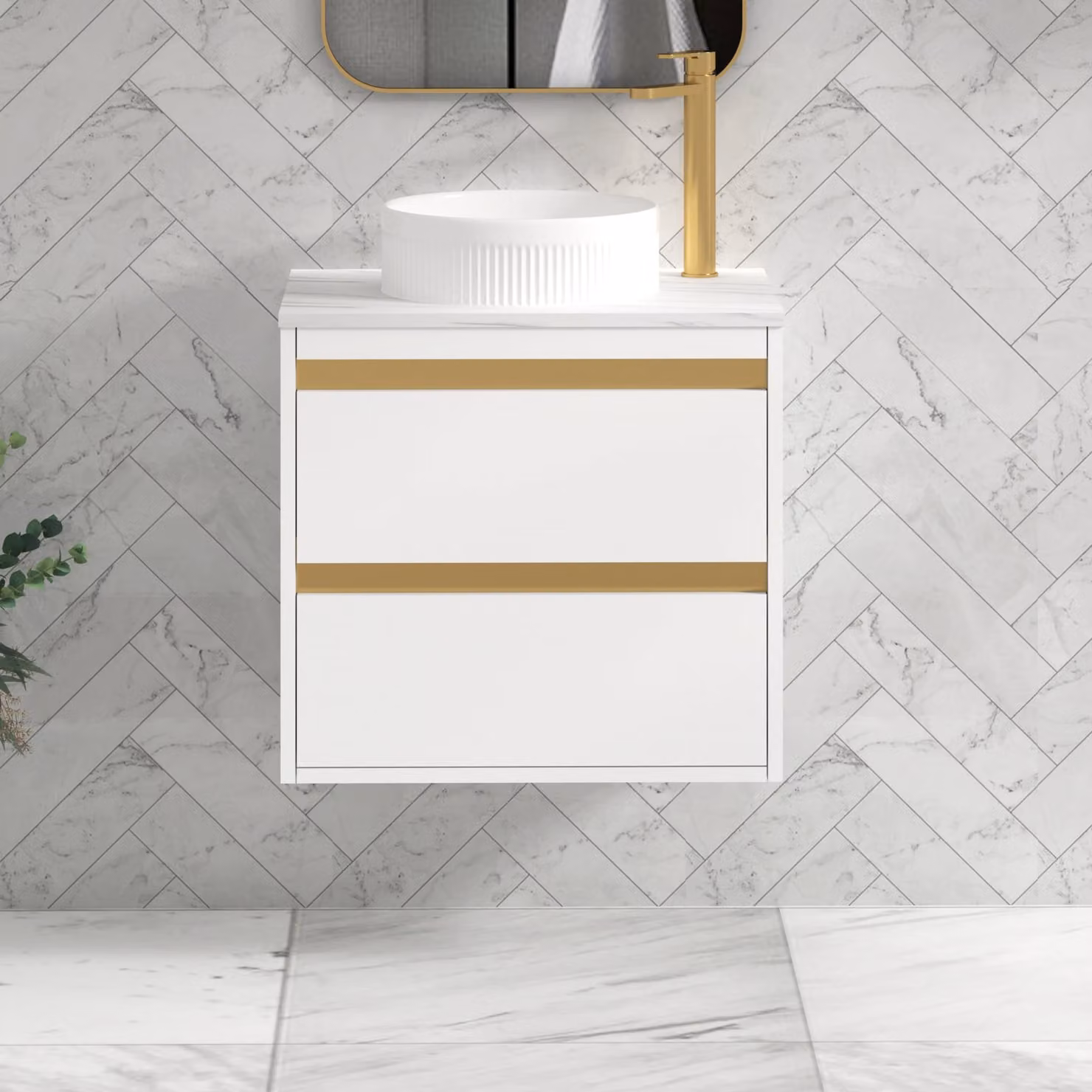 Royal Bathrooms Orion 600mm Matt White Wall Hung Countertop Vanity Unit with 2 Drawers, Round Basin and Brushed Brass Accent Trim