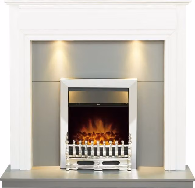 Adam Fires & Fireplaces Honley Electric Fireplace in Pure White and Grey with Downlights and Blenheim Electric Fire in Chrome, 121.92 cm – 1
