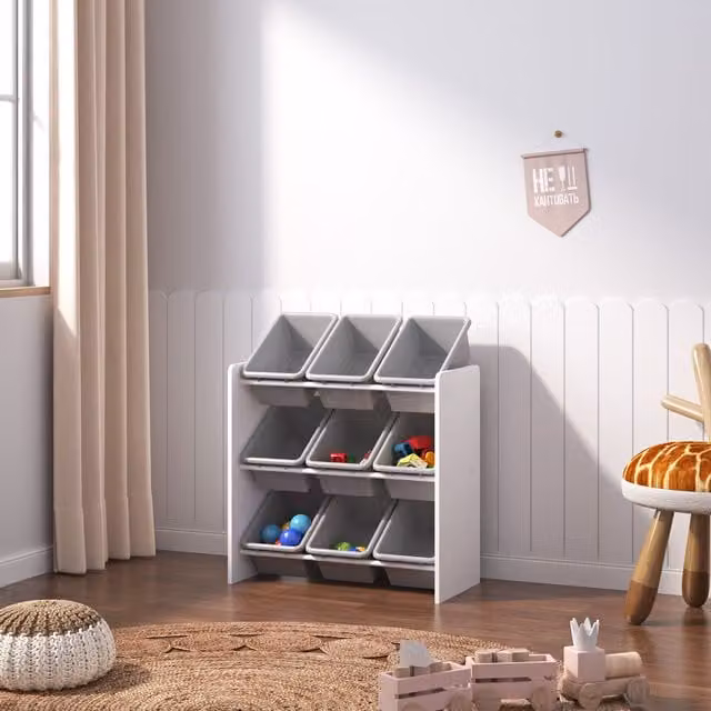 Xample Children's Toy Storage Unit with 9 Removable Plastic Bins in Grey and White