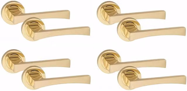 Golden Grace Brass Wave Latch Door Handles on Round Rose in Gold Finish, 4 Pairs