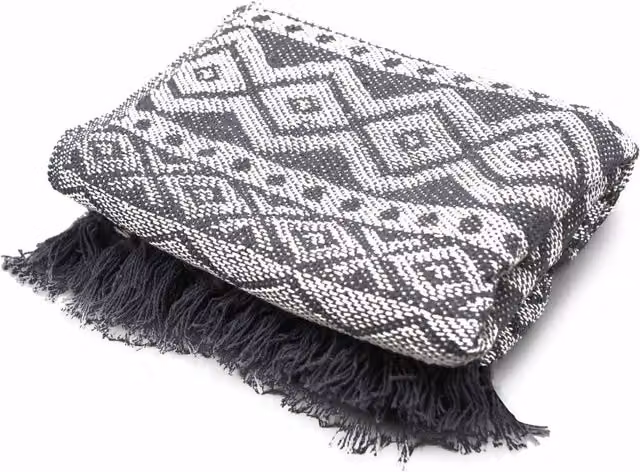 KDMK Grey Geometric Boho Woven Cotton Throw with Fringes, W/D/H: 150 x 125 x 1 cm
