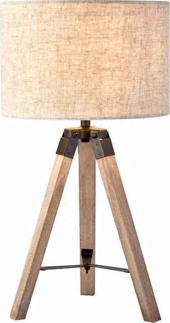 Lighting Collection Tripod Table Lamp with Grey and Beige Fabric Shade and Wood Base – 1