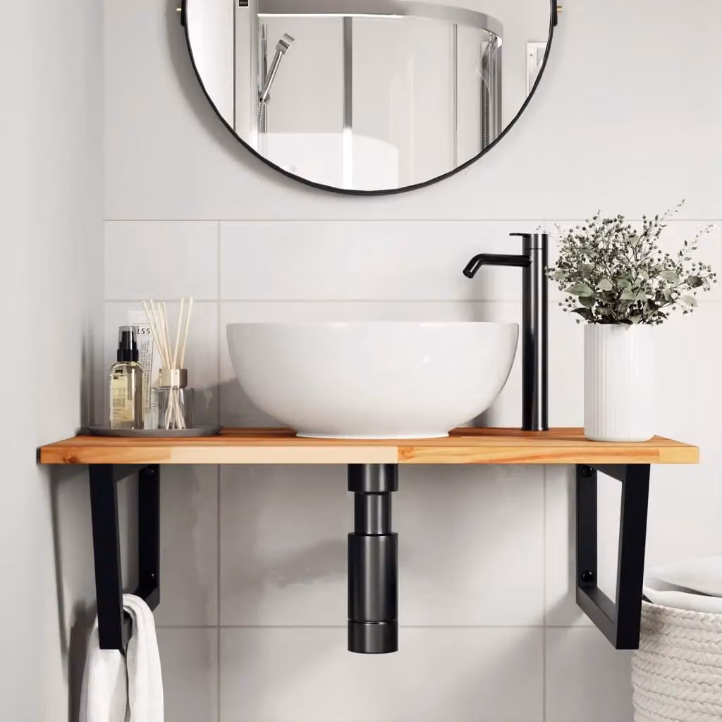 Berkfield Home Wall Mounted Basin Shelf in Brown Acacia Wood and Steel – 2