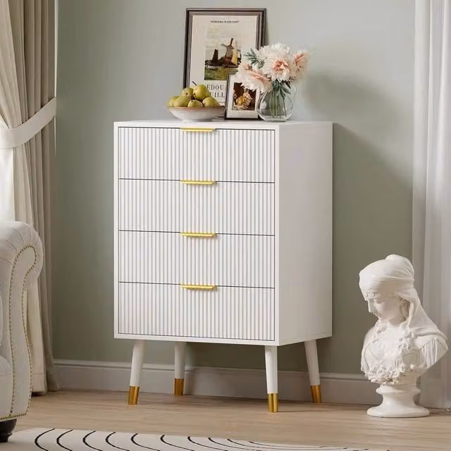 VOGREX Modern White Fluted 4 Drawer Dresser with Soft Close Drawers