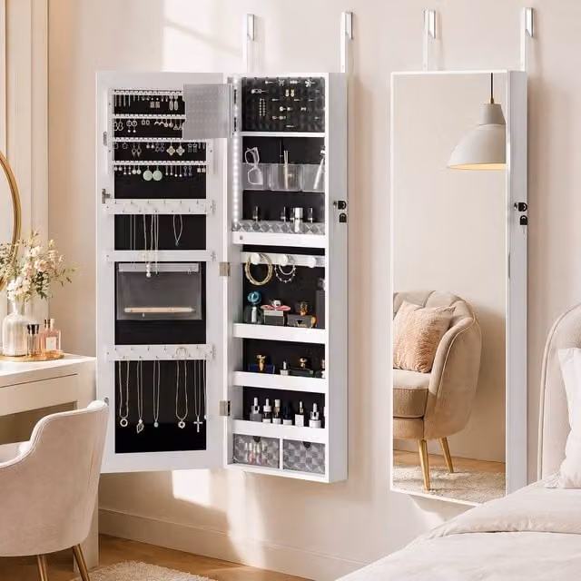 STILVORA White Matt Jewellery Cabinet with LED Lighting, Full Length Mirror and Lock
