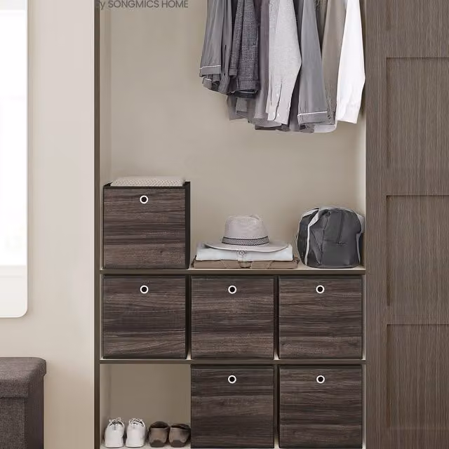 SONGMICS Set of 6 Rustic Fabric and Cardboard Storage Cube Bins, Bronze, W/D/H: 33 x 33 x 33 cm