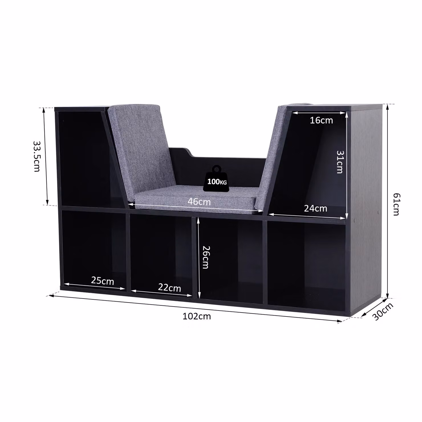 HOMCOM Six Cube Bookcase Storage and Reading Seat Unit in Black and Brown – 3