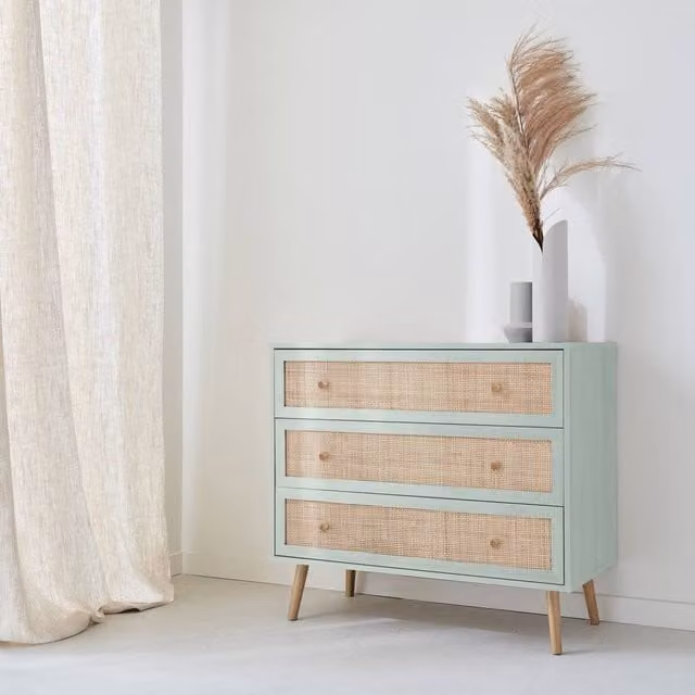 Sweekeet 3-Drawer Chest with Wood and Cane Effect in Pale Green