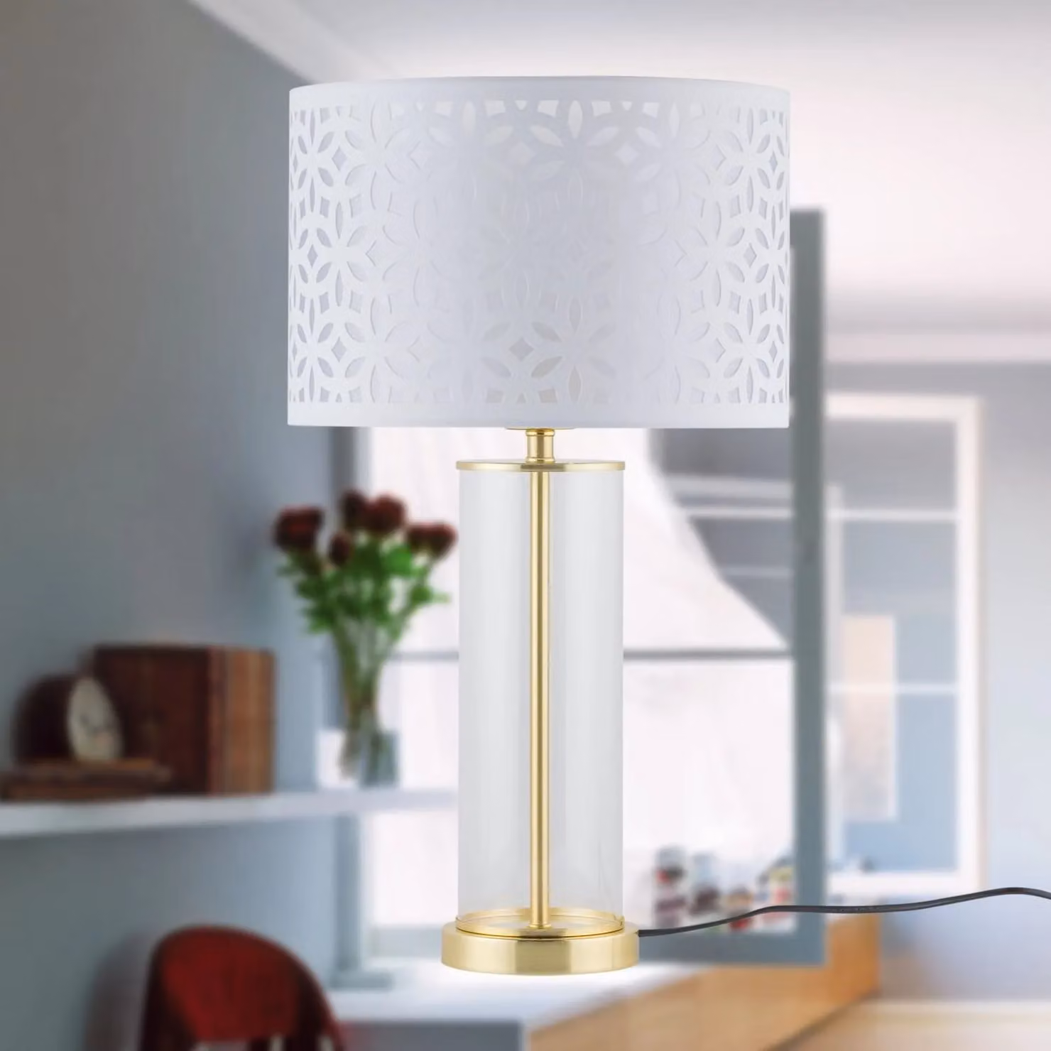 First Choice Lighting Aura Satin Brass Table Lamp with White Cut Out Shade in Gold, H 54.5 x W 42.0 x D 30.0 cm – 3